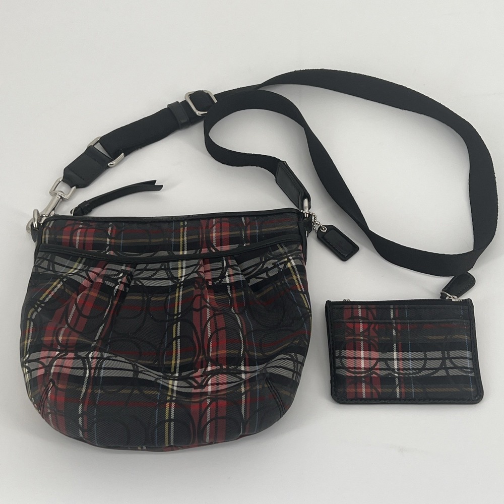 Coach Poppy Glitter Tartan Plaid Crossbody Bag & Card Case Set Y2K Retro Grunge